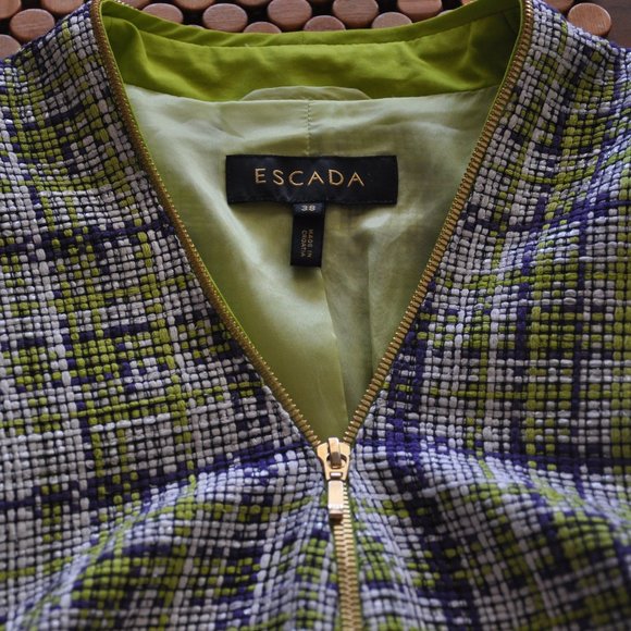 ESCADA WOVEN Tweed Silk Cotton Purple Lime Green Gold Zip-up Jacket Coat 38 - Picture 8 of 8